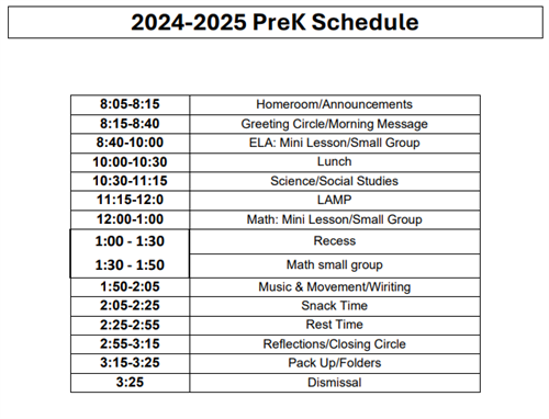 2024-2025 PreK Schedule